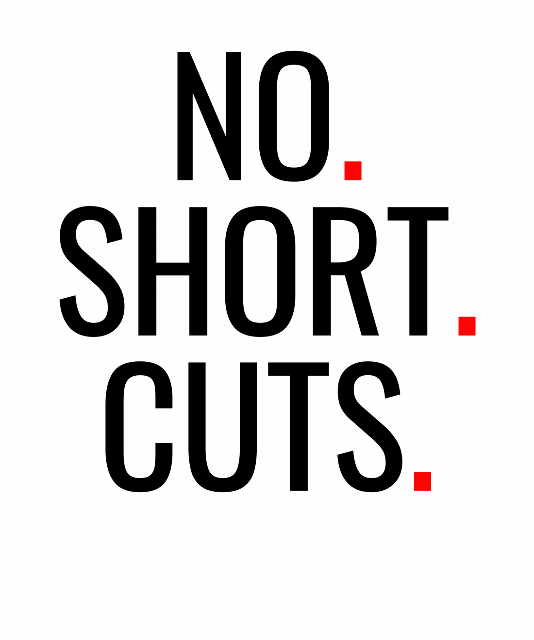 Graphic with the words “NO. SHORT. CUTS.” in large black stacked text on a light background, with each word followed by a small red period.