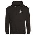 Black hoodie with a logo on the chest against a white background