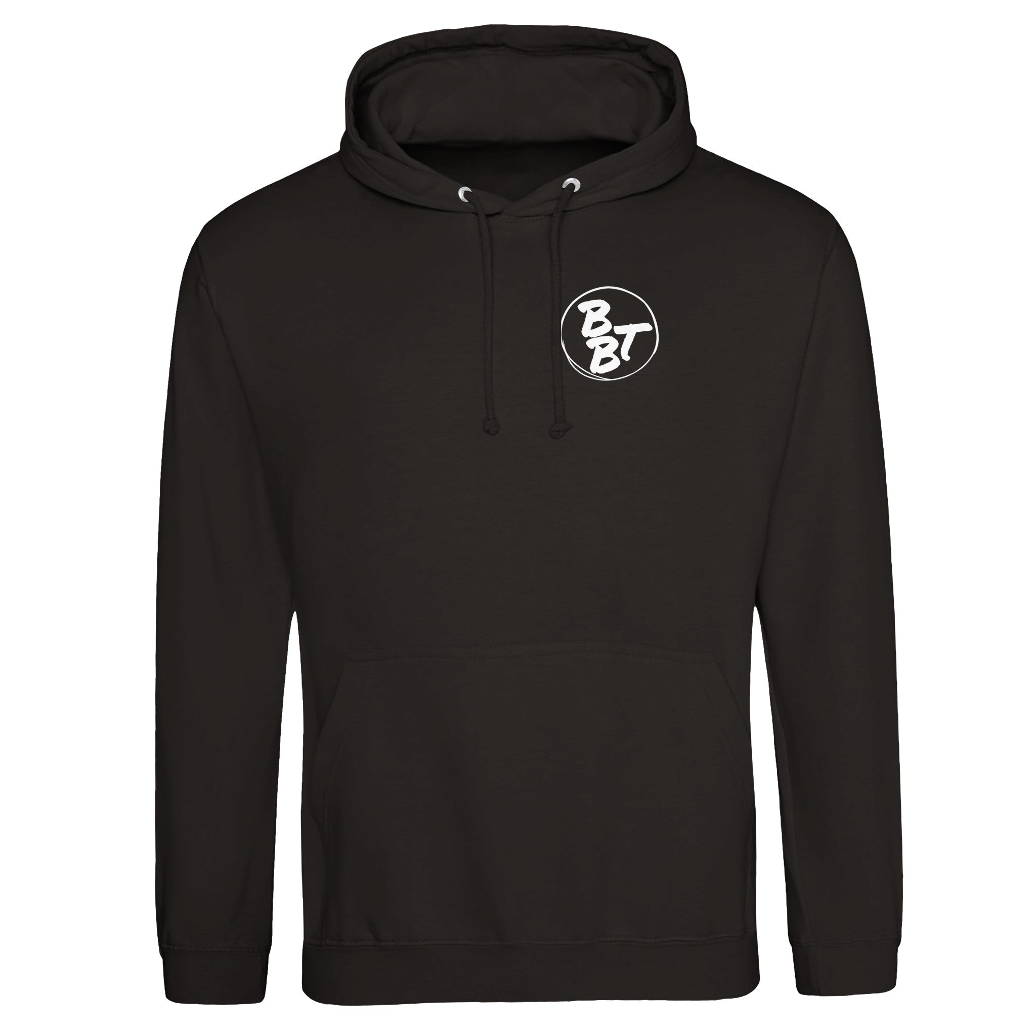 Black hoodie with a logo on the chest against a white background