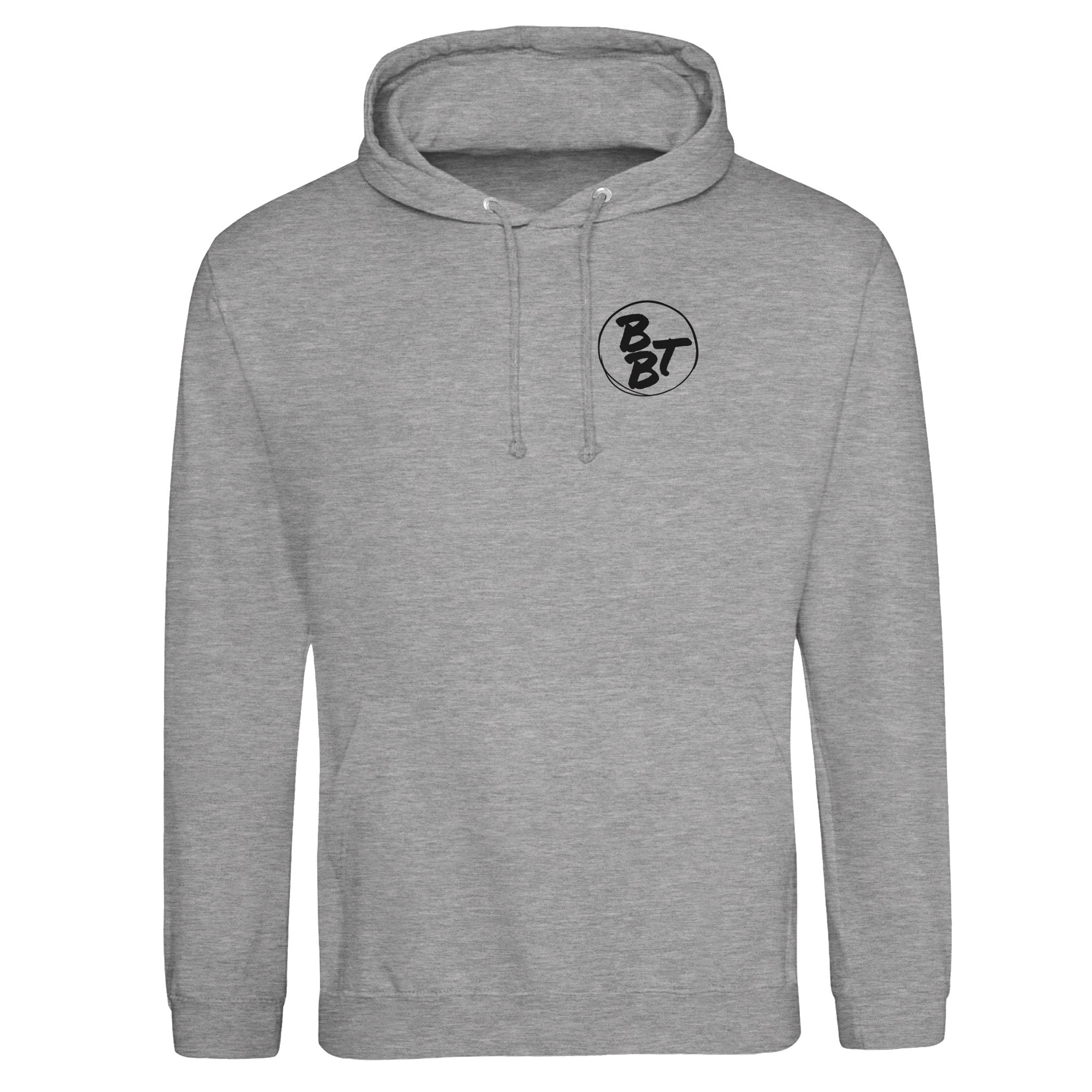 Heather gray hoodie with Barely Branded Threads wordmark logo on the front chest